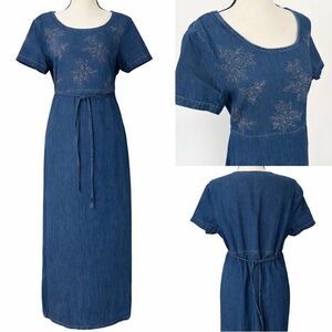 Embroidered Denim Maxi Dress Boho Floral Jean Dress Cottagecore Western size 14